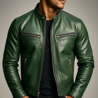 Green Men's Leather Biker Jacket with Zip Pockets & Snap Collar — Connor - Worn Collar Detail