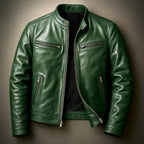Green Men's Leather Biker Jacket with Zip Pockets & Snap Collar — Connor