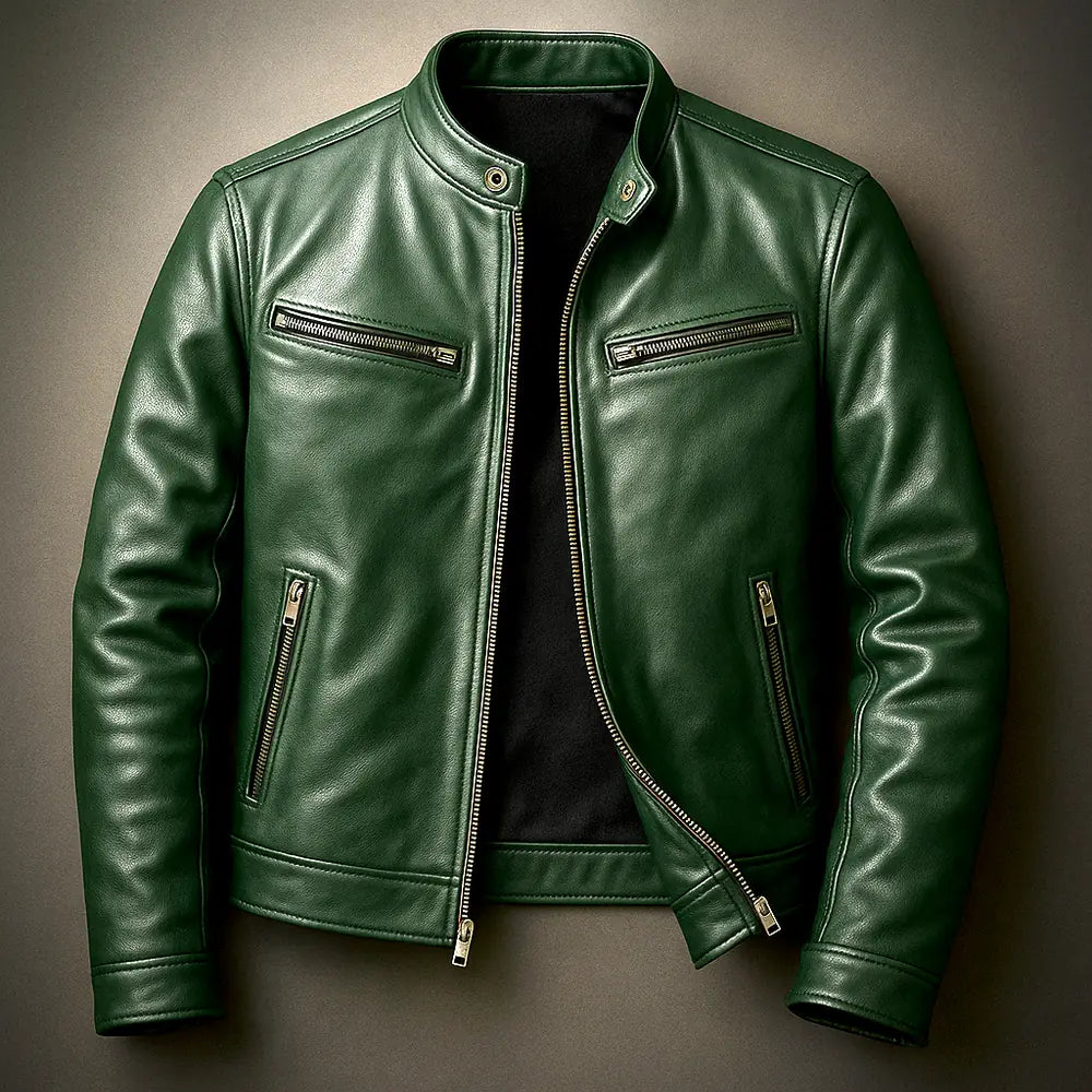 Green Men's Leather Biker Jacket with Zip Pockets & Snap Collar — Connor