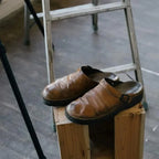 Beige Men's Leather Mules with Buckle Strap & Slip-On Design — Reid - Lifestyle On Stool