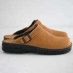 Beige Men's Leather Mules with Buckle Strap & Slip-On Design — Reid - Side Profile Single