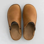 Beige Men's Leather Mules with Buckle Strap & Slip-On Design — Reid - Top View Pair