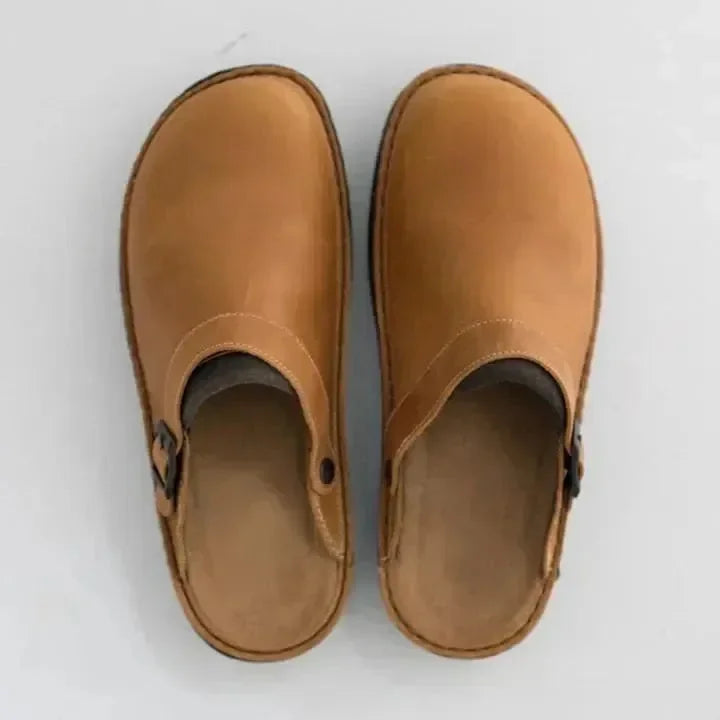 Beige Men's Leather Mules with Buckle Strap & Slip-On Design — Reid - Top View Pair