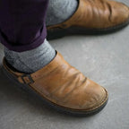 Beige Men's Leather Mules with Buckle Strap & Slip-On Design — Reid - Worn Close Up