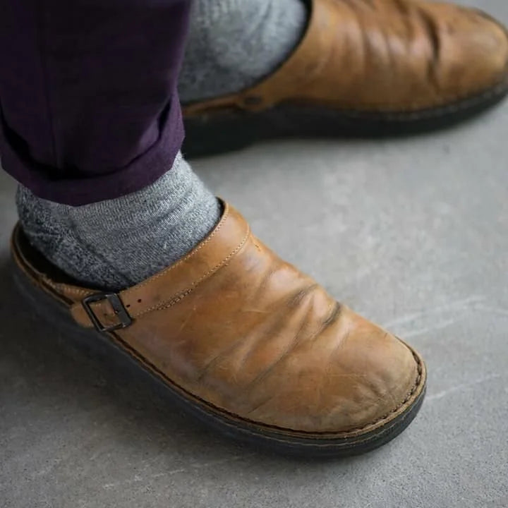Beige Men's Leather Mules with Buckle Strap & Slip-On Design — Reid - Worn Close Up