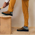 Beige Men's Leather Mules with Buckle Strap & Slip-On Design — Reid - Worn Lifestyle Action