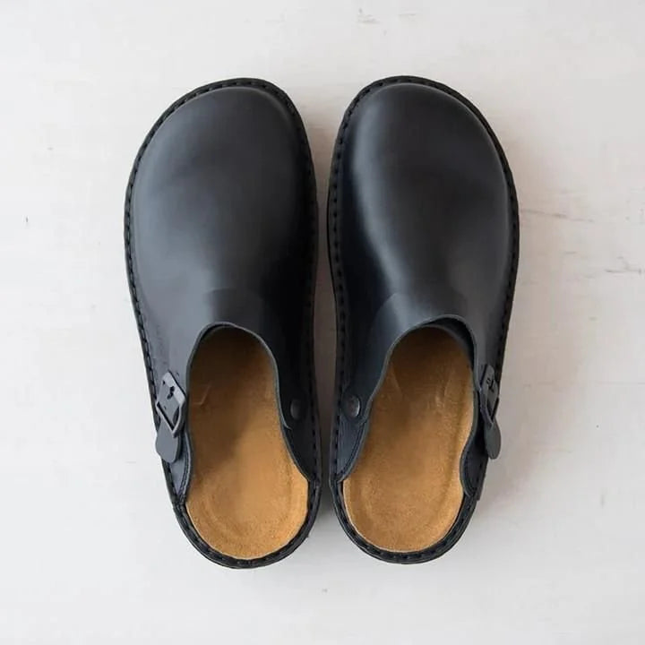Black Men's Leather Mules with Buckle Strap & Slip-On Design — Reid - Top View Pair
