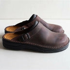 Dark Brown Men's Leather Mules with Buckle Strap & Slip-On Design — Reid - Front Side Pair