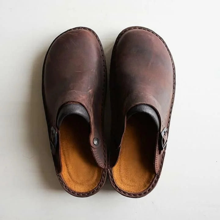 Dark Brown Men's Leather Mules with Buckle Strap & Slip-On Design — Reid - Top View Pair