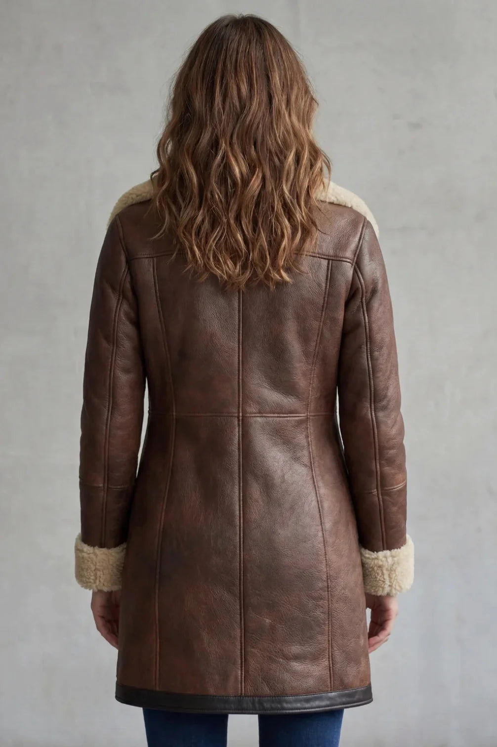Brown Women's Leather Coat with Shearling Lining & Tailored Fit - Back Full