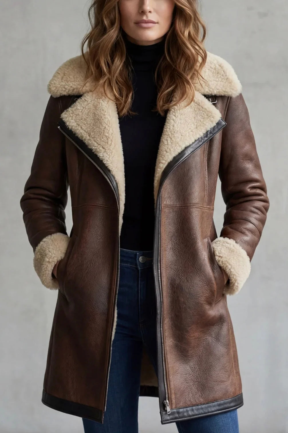Brown Women's Leather Coat with Shearling Lining & Tailored Fit - Close Up Collar