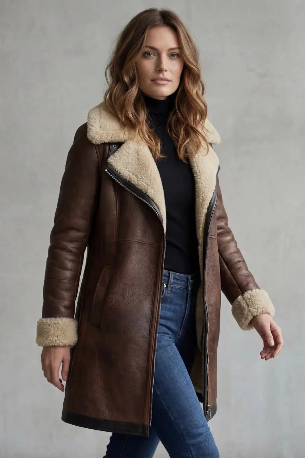Brown Women's Leather Coat with Shearling Lining & Tailored Fit - Side Walking
