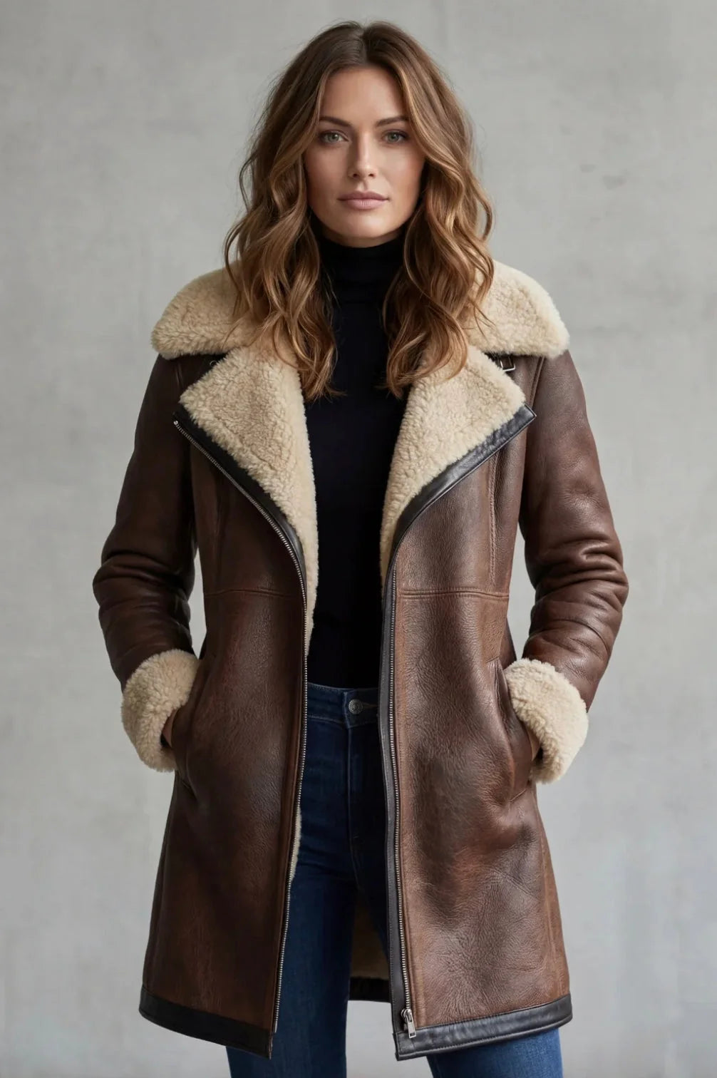 Brown Women's Leather Coat with Shearling Lining & Tailored Fit