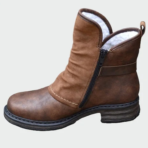 Brown Women's Leather Country Boots with Side Zipper & Faux Fur Lining - Side Profile