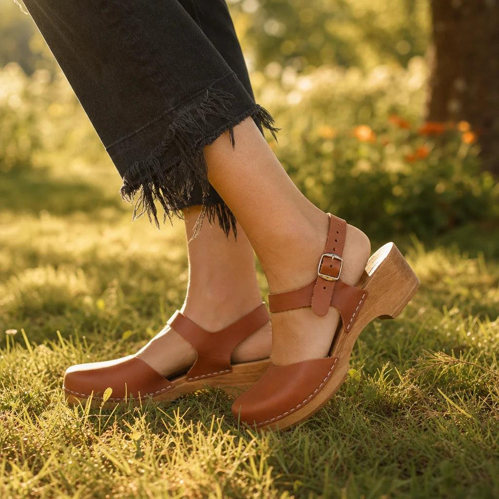 Orange Women's Leather Mary Block Heel Sandals — Talia Vintage Buckle Clog - Outdoor Lifestyle