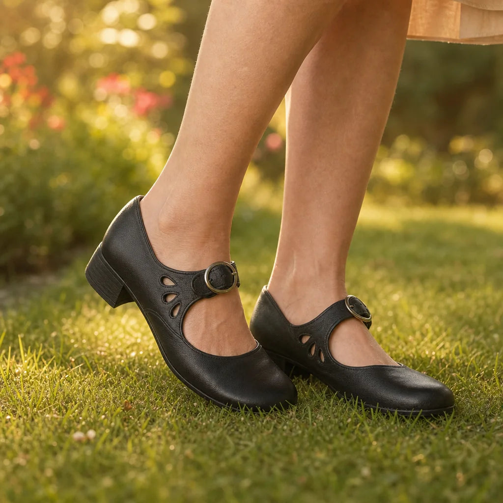 Black Women's Leather Mary Sandals — Anais Buckle Block Heel - Outdoor Lifestyle
