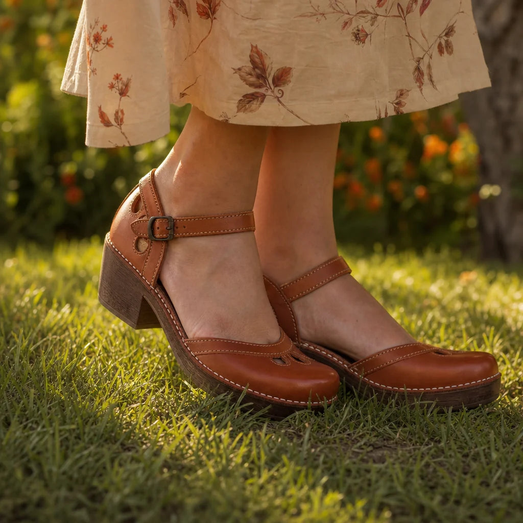 Brown Women's Leather Platform Sandals — Tahlia Buckle Closed-Toe Clog - Worn Lifestyle Outdoor
