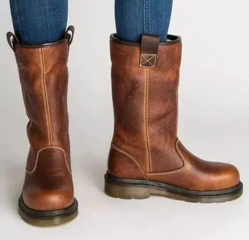 Brown Women's Leather Winter Boots with Pull-On Design & Round Toe