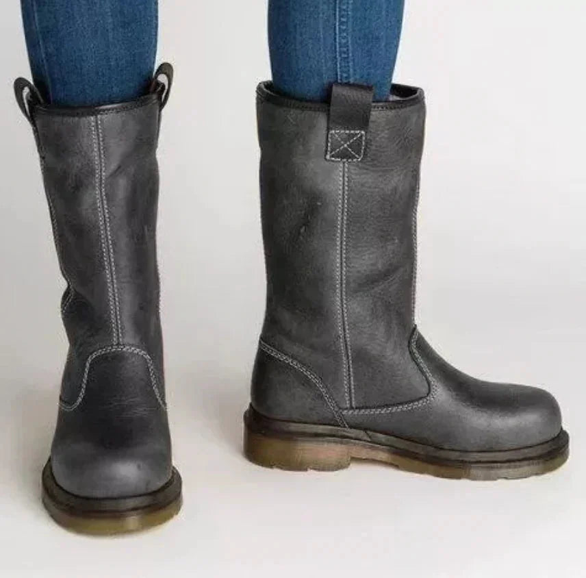 Grey Women's Leather Winter Boots with Pull-On Design & Round Toe