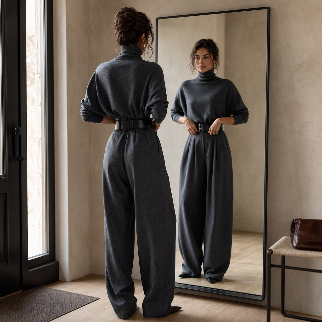 Women's Turtleneck Pants Set with High-Waisted Wide-Leg Trousers & Belt