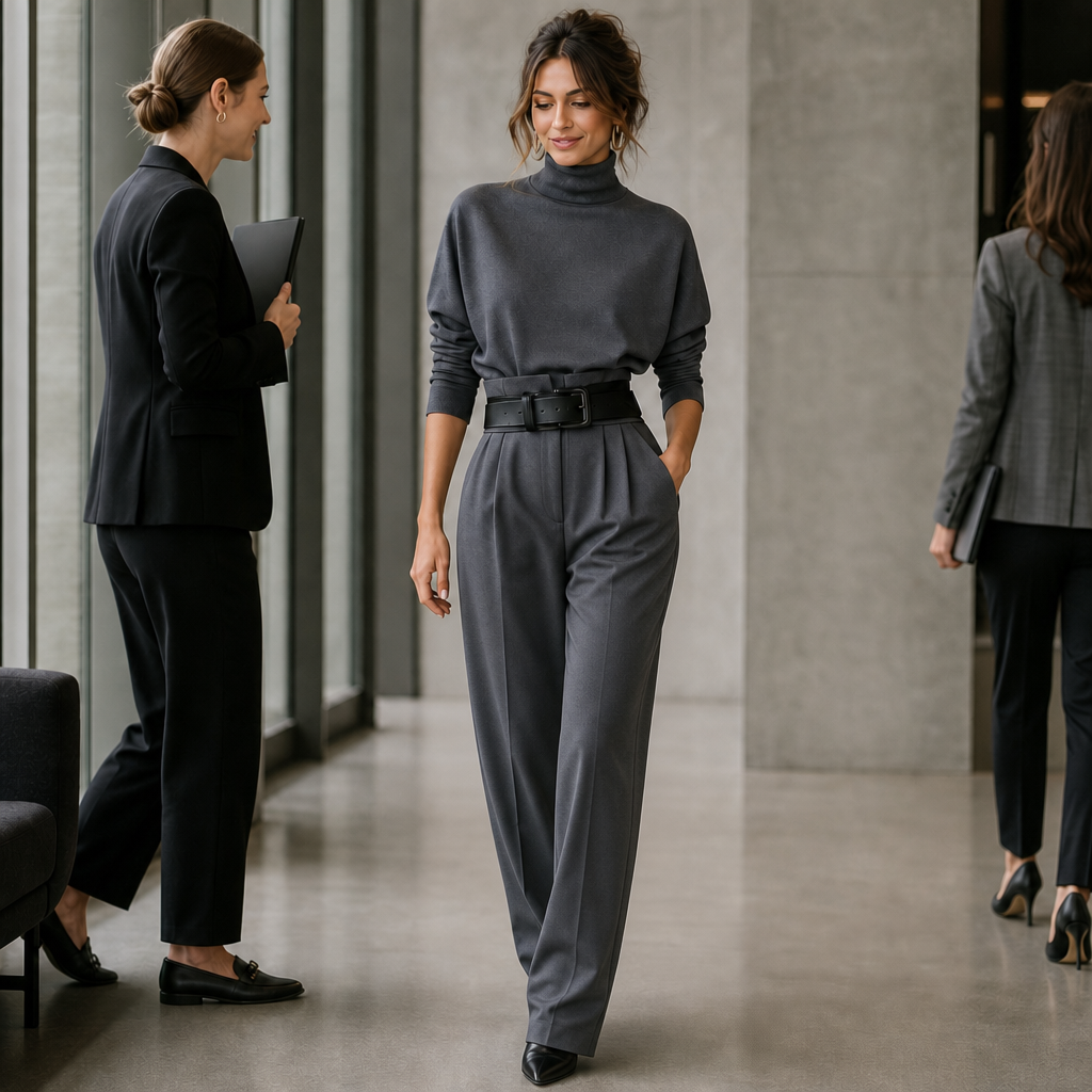 Women's Turtleneck Pants Set with High-Waisted Wide-Leg Trousers & Belt