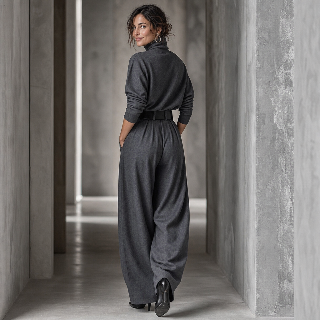 Women's Turtleneck Pants Set with High-Waisted Wide-Leg Trousers & Belt