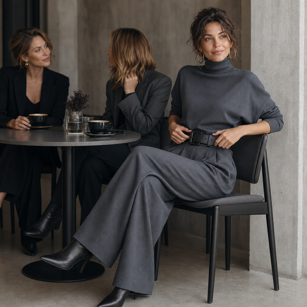 Women's Turtleneck Pants Set with High-Waisted Wide-Leg Trousers & Belt