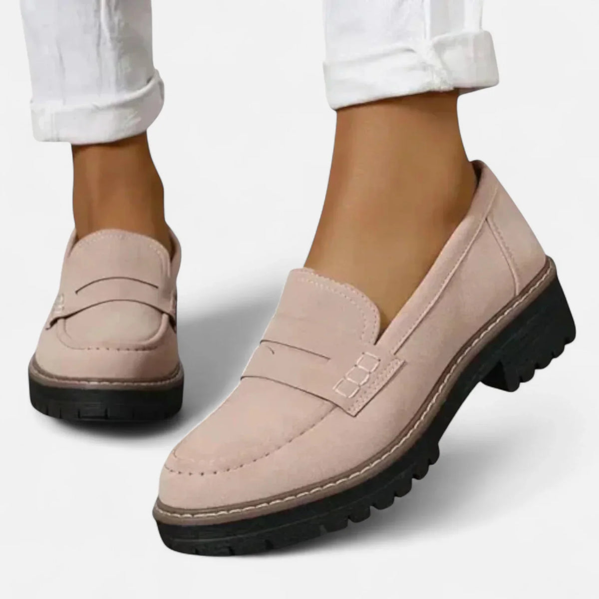 Light Pink Women's Block Heel Loafers with Penny Strap & Slip-On Design - Worn Tiptoe Angle