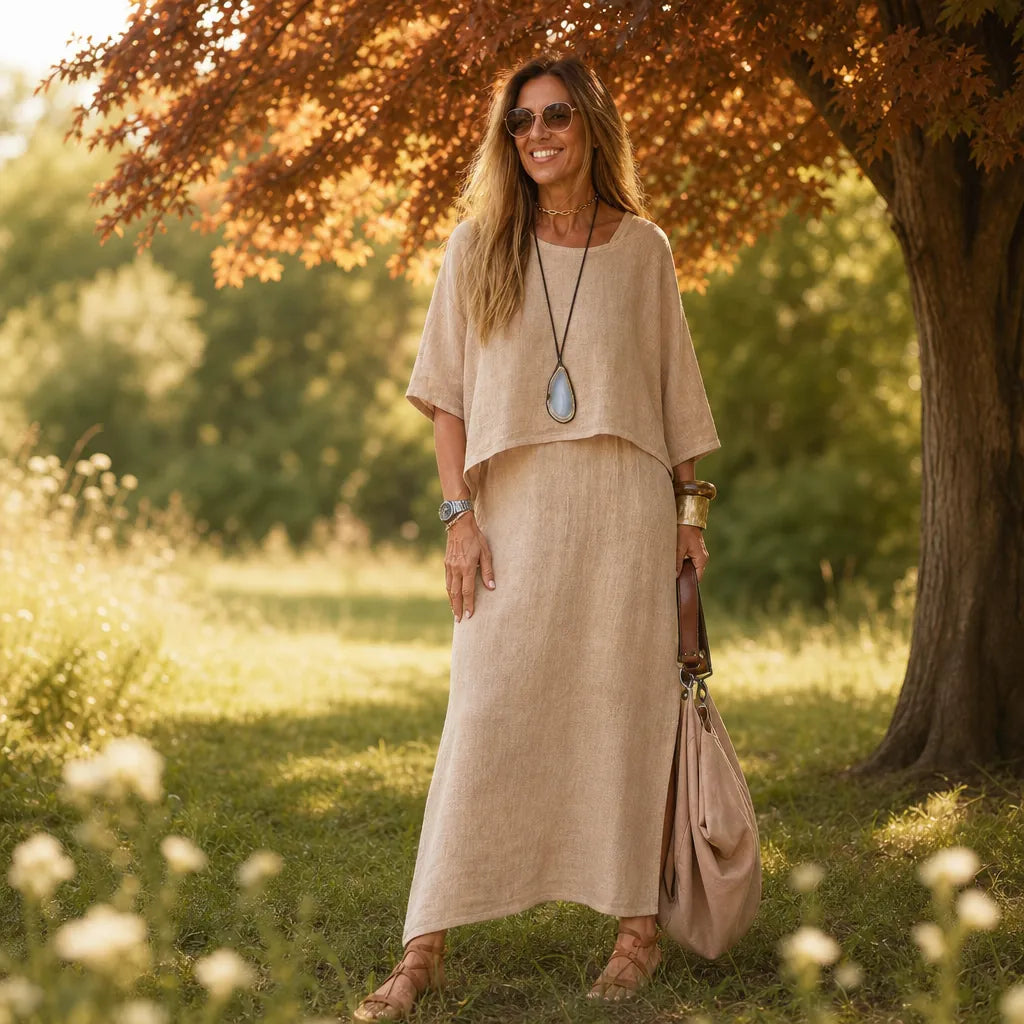 Khaki Women's Linen Two Piece Summer Set — Reese Boho Relaxed Fit - Front Full Outdoor
