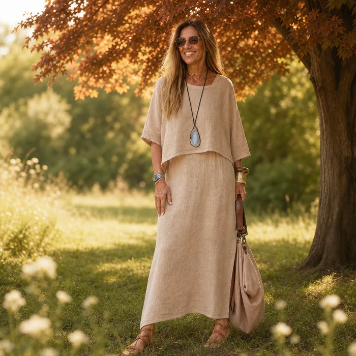 Khaki Women's Linen Two Piece Summer Set — Reese Boho Relaxed Fit - Front Full Outdoor