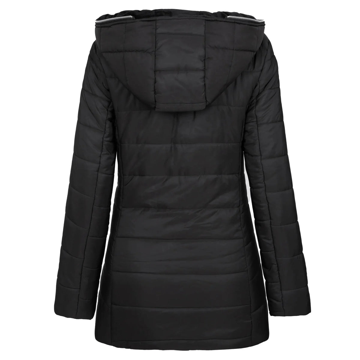 Women's Long Puffer Coat with Hooded Lining & Diagonal Zip Front - Back Detail