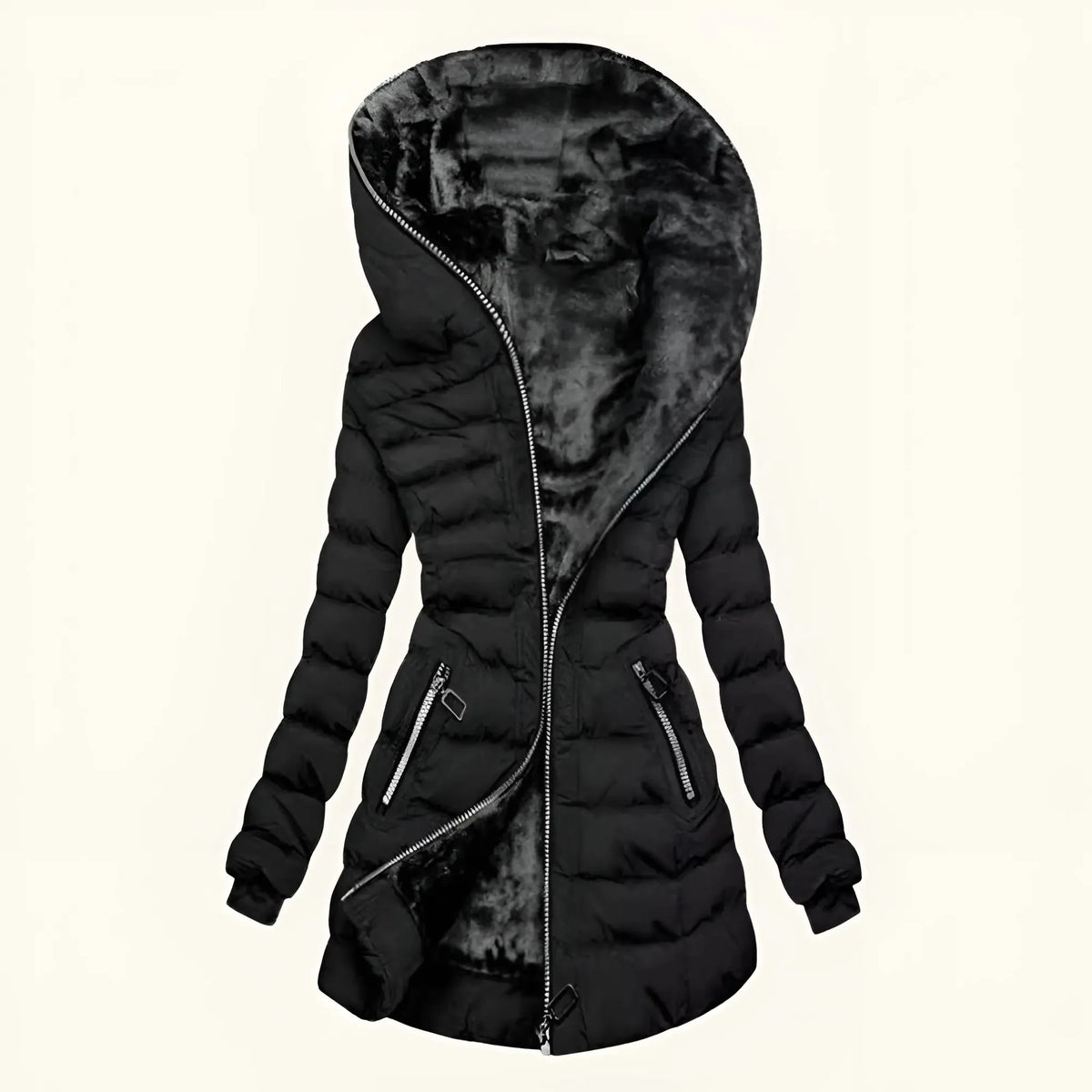 Women's Long Puffer Coat with Hooded Lining & Diagonal Zip Front