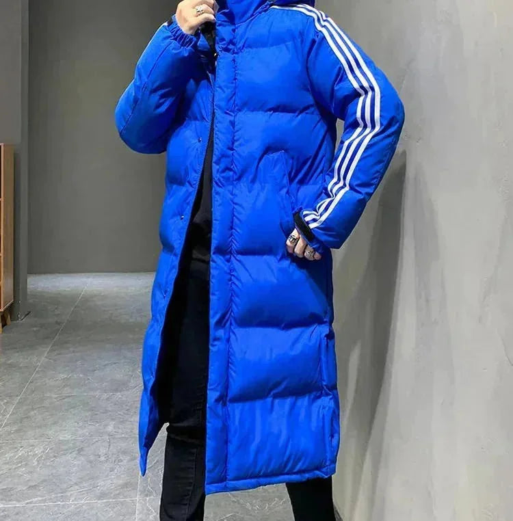 Blue Women's Long Winter Coat with Hooded Design & Relaxed Fit - Front Walking Pose