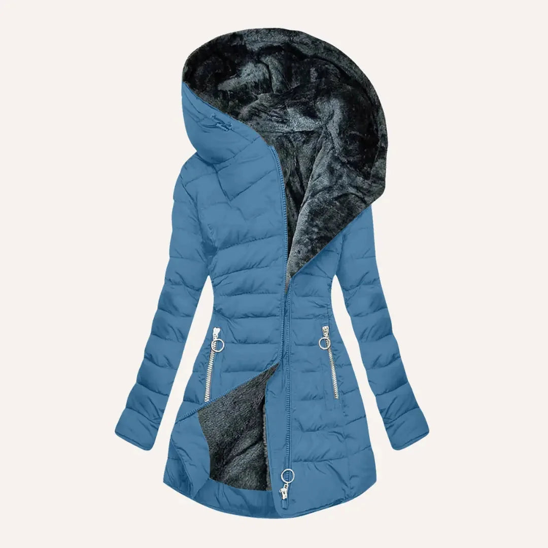Blue Women's Long Puffer Coat with Hooded Lining & Diagonal Zip Front
