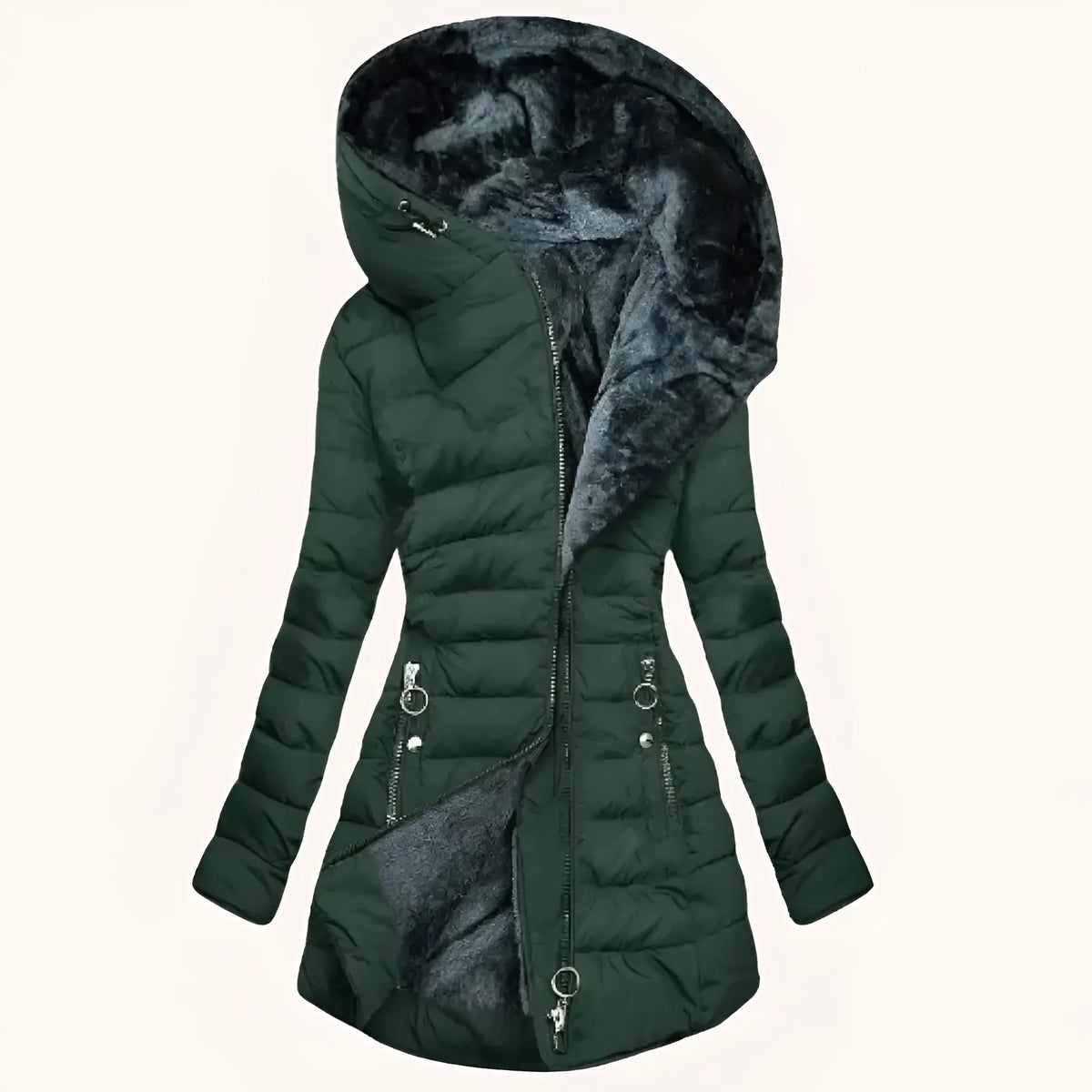 Dark Green Women's Long Puffer Coat with Hooded Lining & Diagonal Zip Front - Studio White