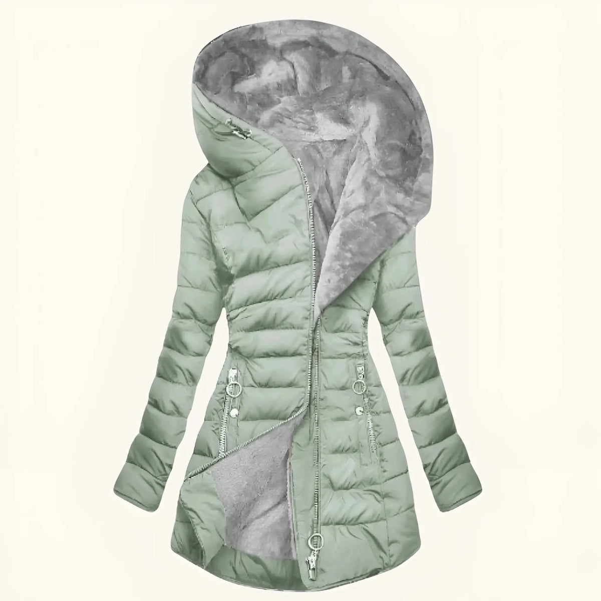 Green Women's Long Puffer Coat with Hooded Lining & Diagonal Zip Front