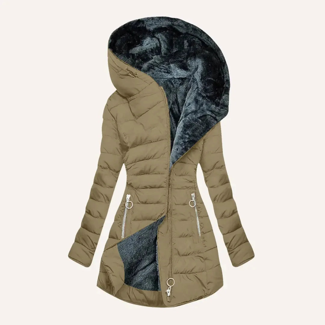 Khaki Women's Long Puffer Coat with Hooded Lining & Diagonal Zip Front