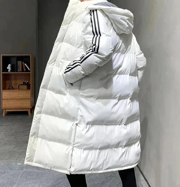 Women's Long Winter Coat with Hooded Design & Relaxed Fit - Back Side View