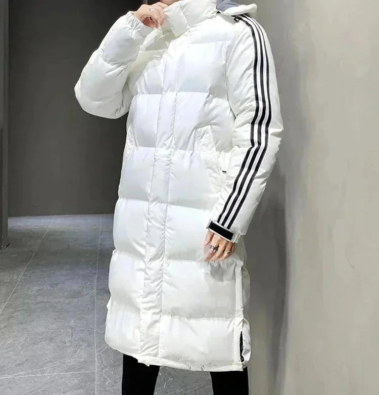 White Women's Long Winter Coat with Hooded Design & Relaxed Fit - Side Profile Pose