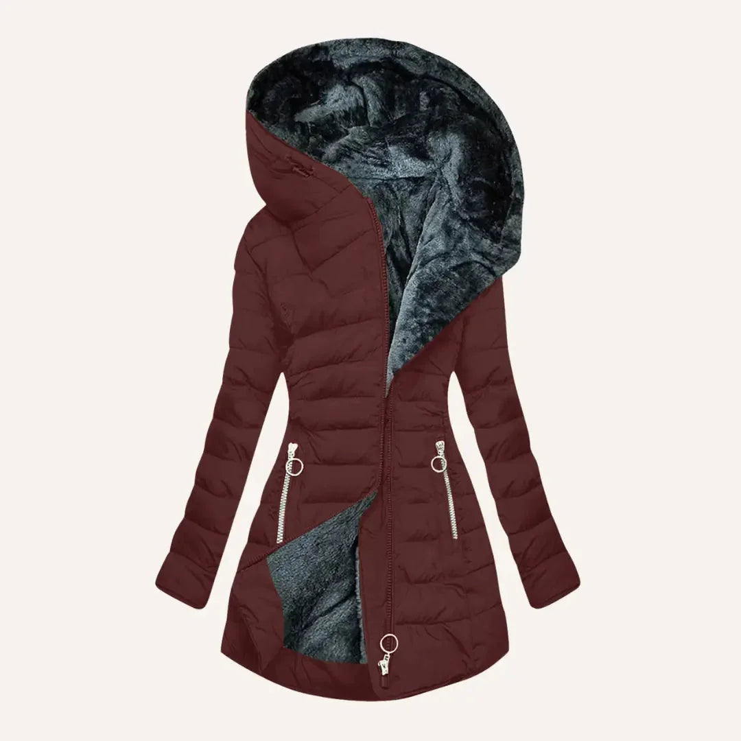 Wine Red Women's Long Puffer Coat with Hooded Lining & Diagonal Zip Front - Hood Detail