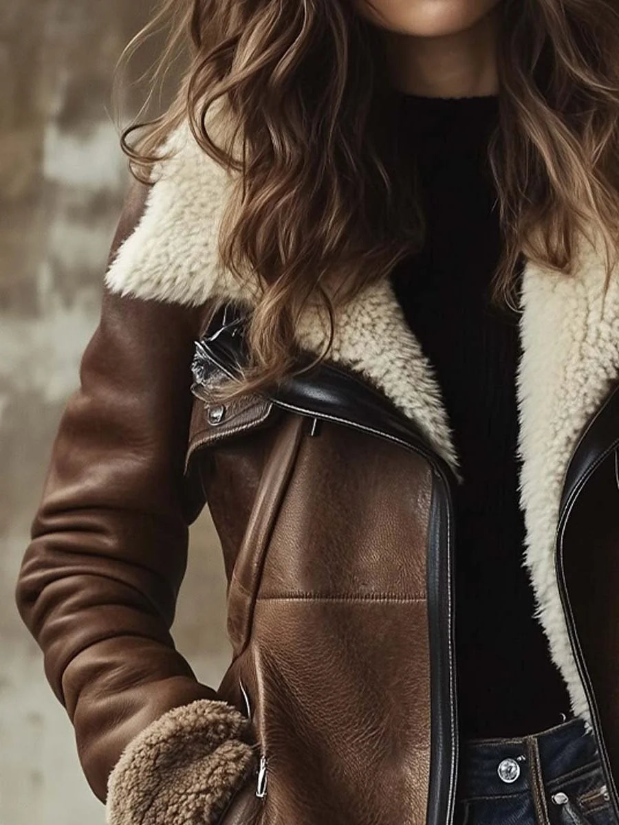 Brown Women's Long Leather Coat with Faux Fur Collar & Straight Cut - Collar Detail
