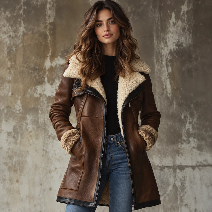 Brown Women's Long Leather Coat with Faux Fur Collar & Straight Cut - Front Full