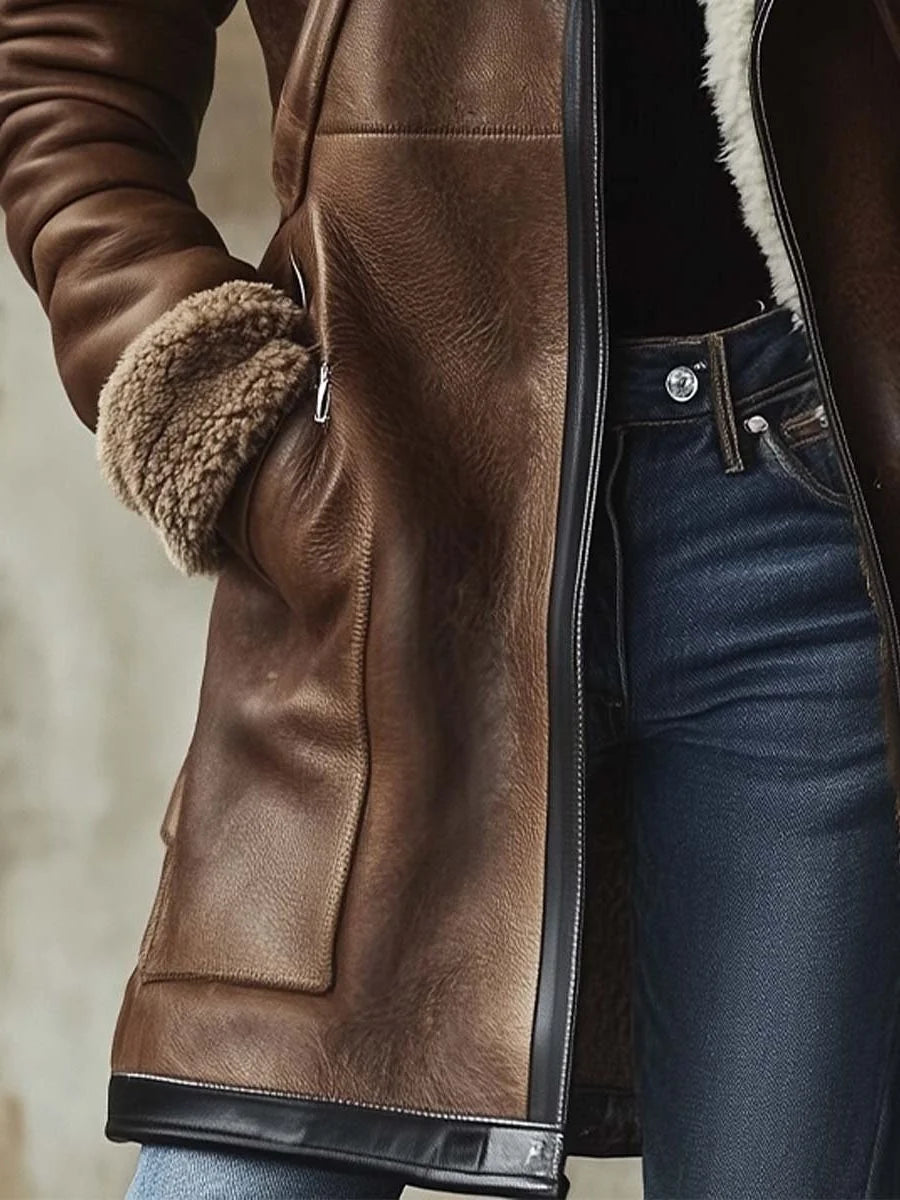 Brown Women's Long Leather Coat with Faux Fur Collar & Straight Cut - Pocket Detail