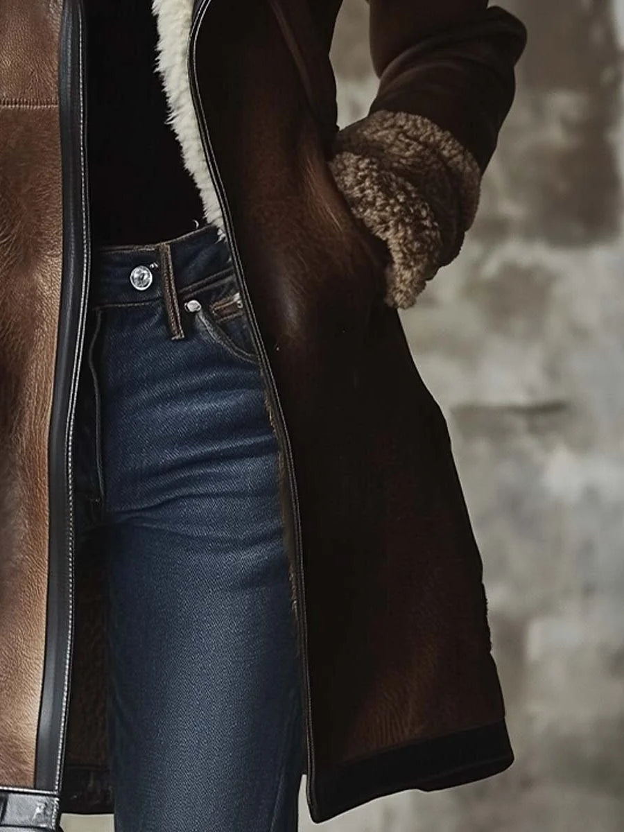 Brown Women's Long Leather Coat with Faux Fur Collar & Straight Cut - Sleeve Detail