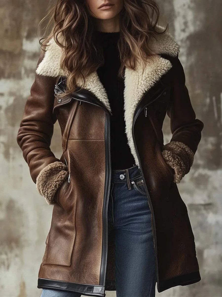 Brown Women's Long Leather Coat with Faux Fur Collar & Straight Cut