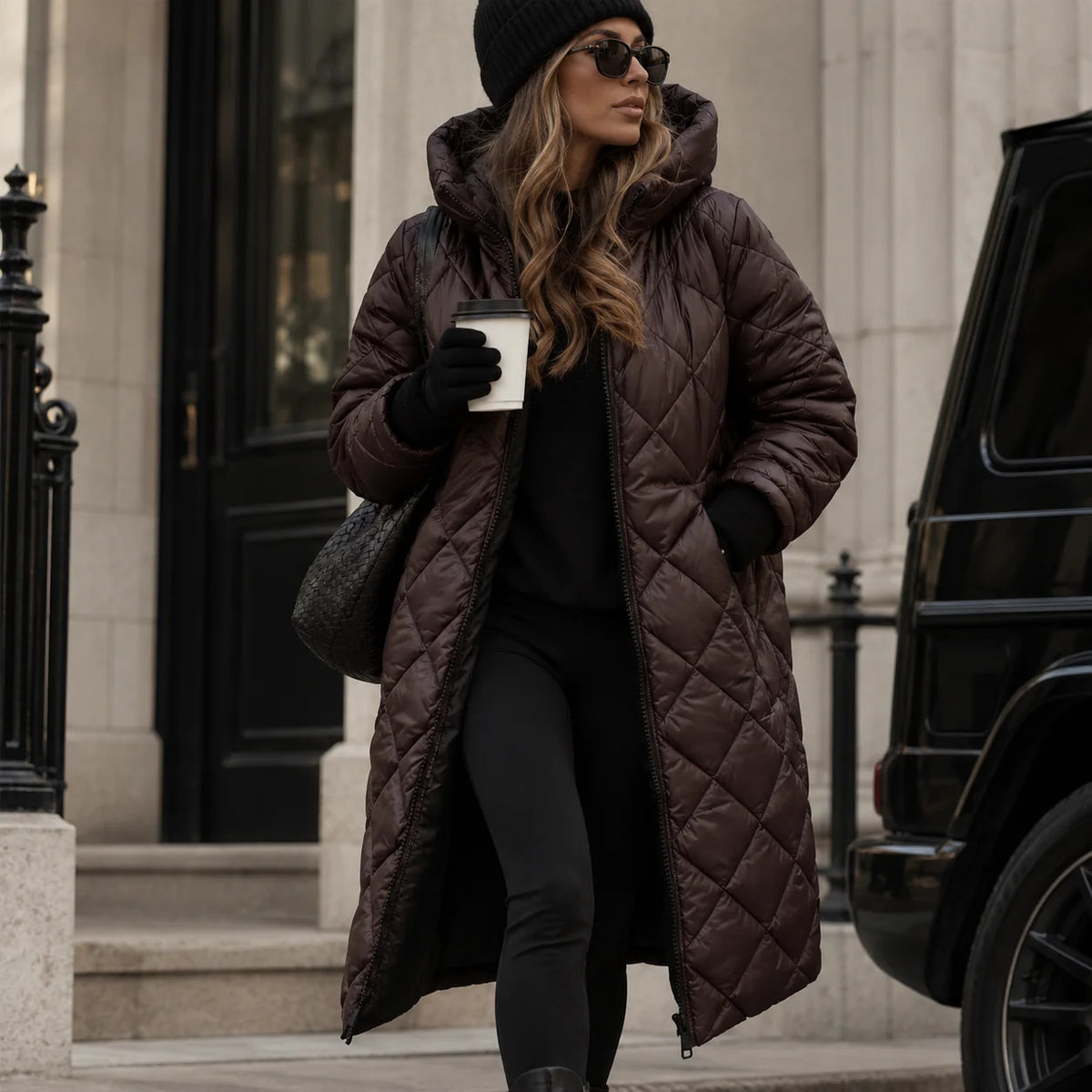 Brown Women's Long Quilted Puffer Coat with Hooded Collar & Relaxed Fit - Walking Full Body