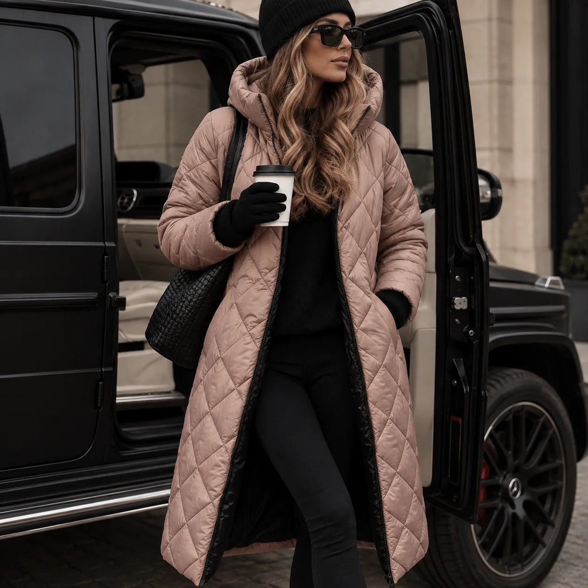Pink Women's Long Quilted Puffer Coat with Hooded Collar & Relaxed Fit - Front Pose Coffee