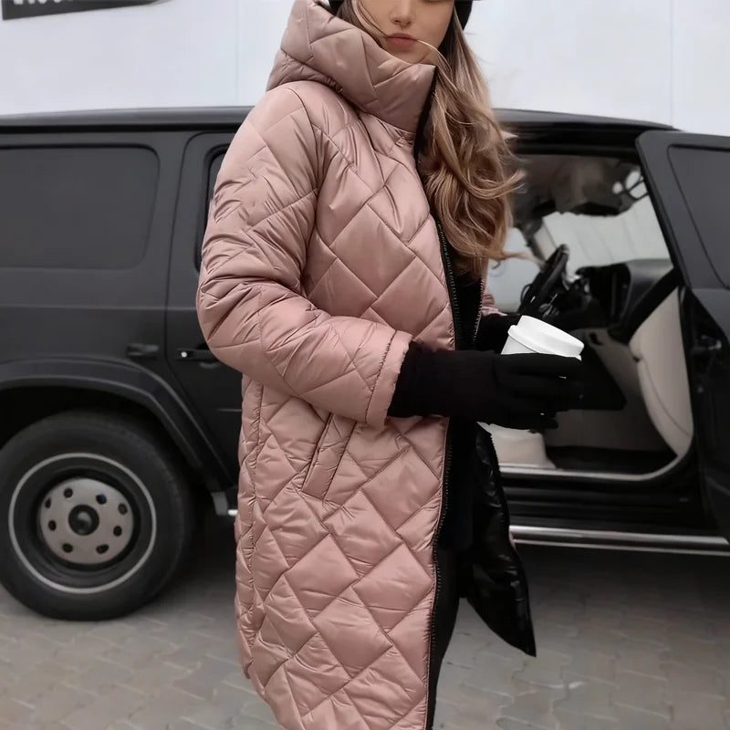 Women's Long Quilted Puffer Coat with Hooded Collar & Relaxed Fit - Side Profile Pose
