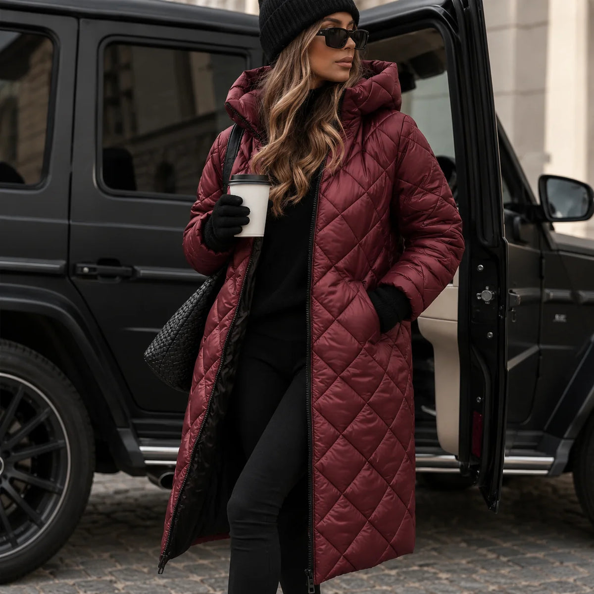 Red Women's Long Quilted Puffer Coat with Hooded Collar & Relaxed Fit - Outdoor Pose Door