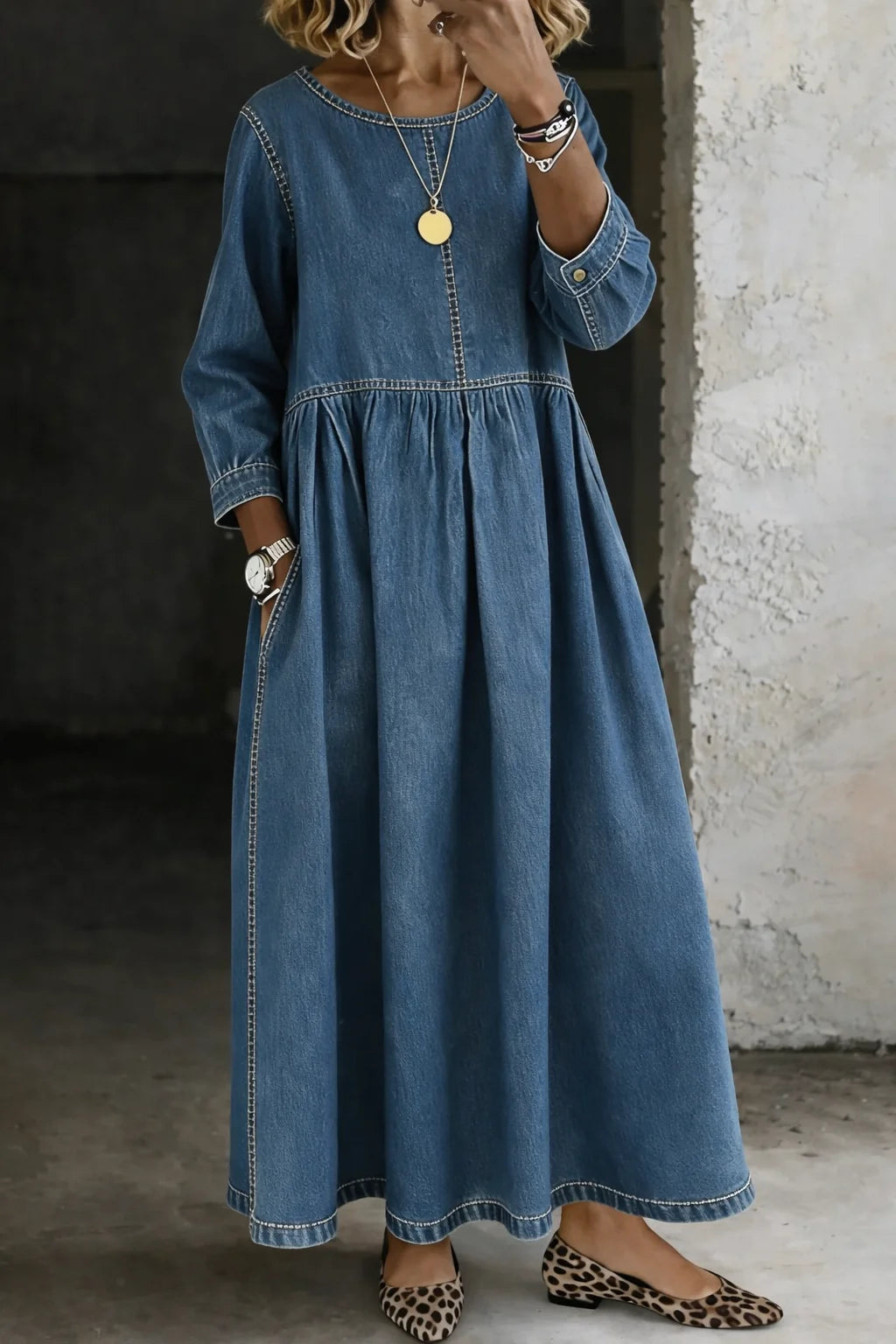 Blue Women's Denim Dress with Round Neck, Long Sleeves & Side Pockets — Maddie